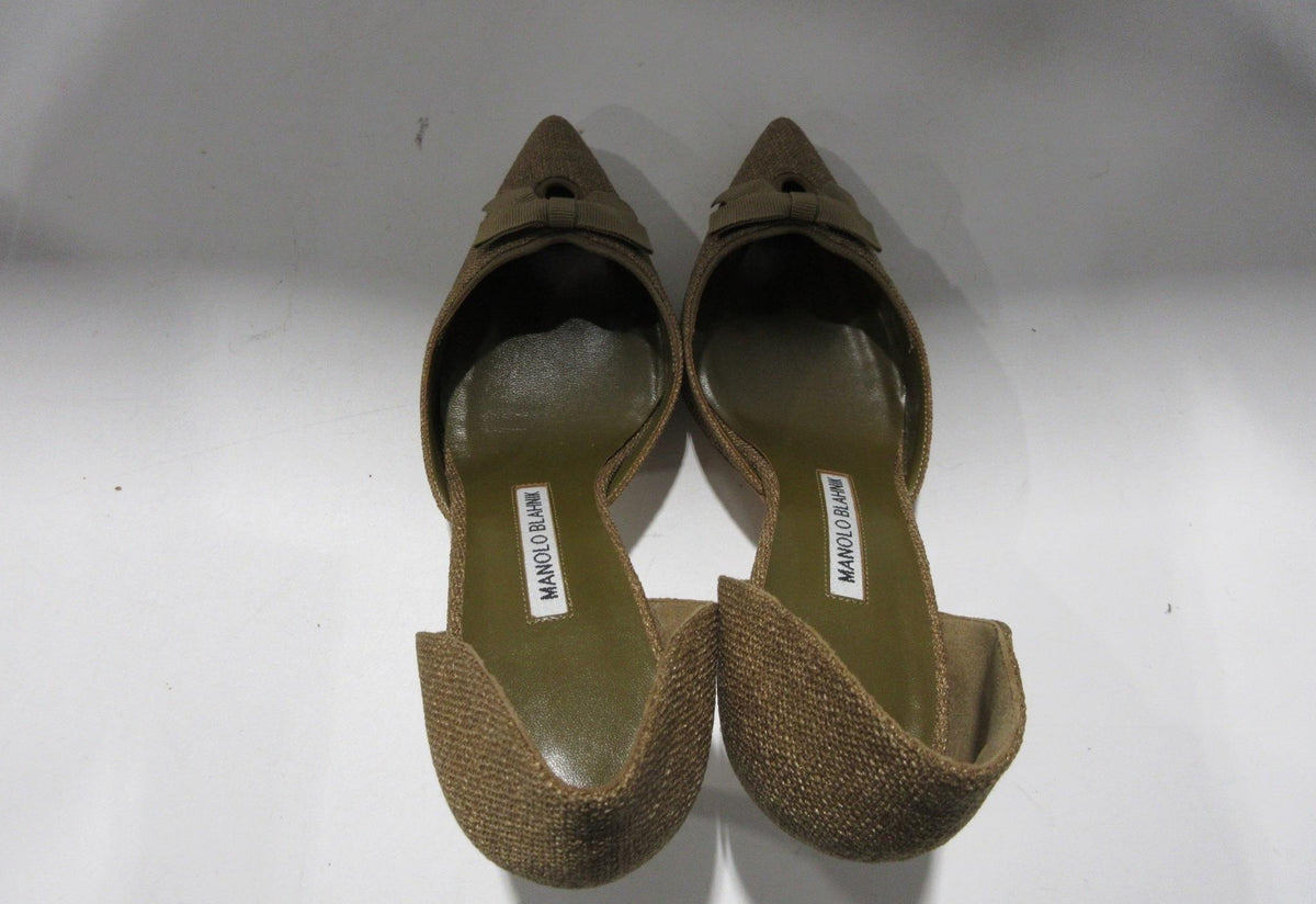 Manolo Blahnik olive satin pointed toe slingback heels, size 38.5, view 7