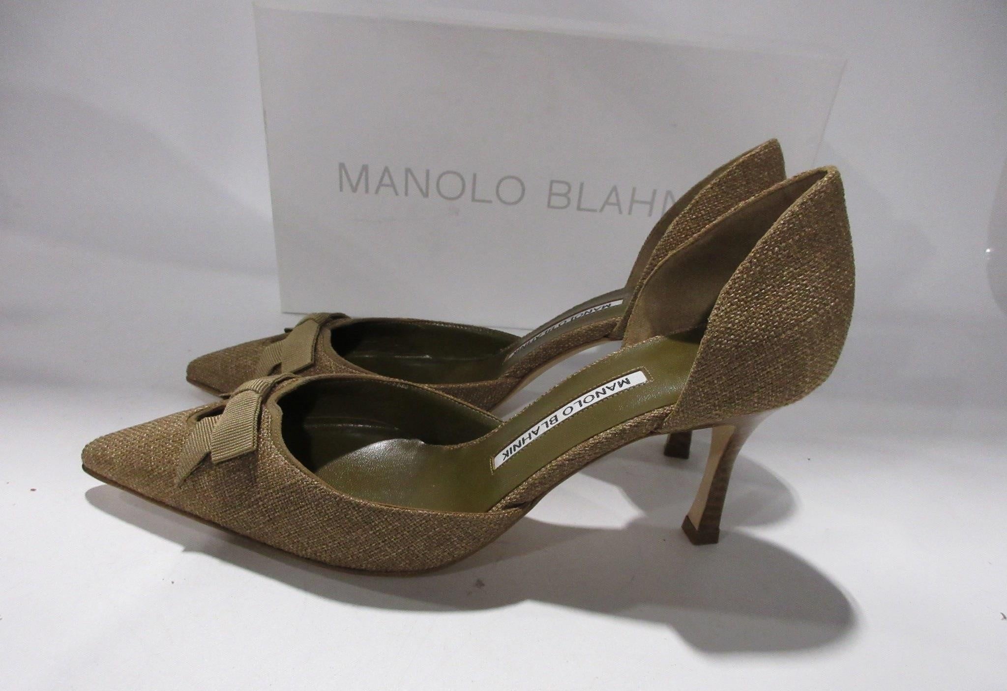 Manolo Blahnik Pointed Toe Slingback Heels Size 38.5, Olive Satin Designer Pumps