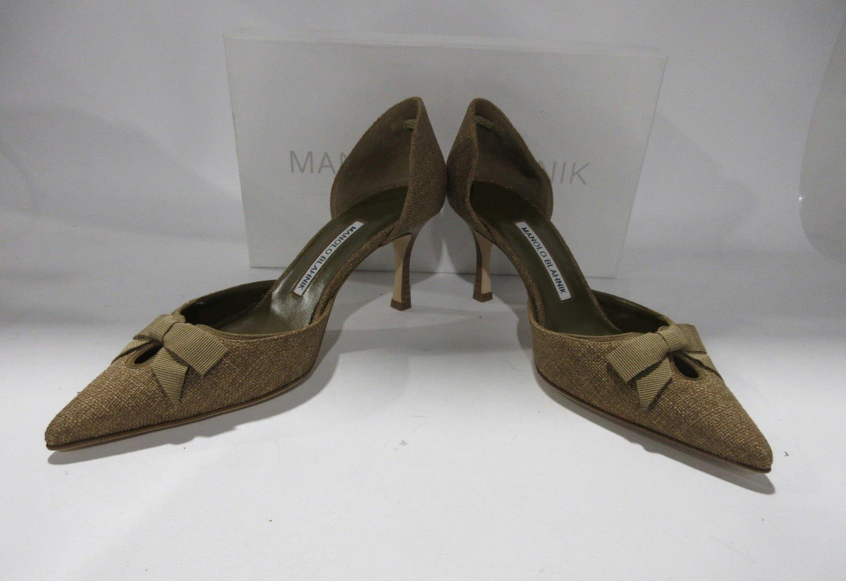 Manolo Blahnik olive satin pointed toe slingback heels, size 38.5, view 6