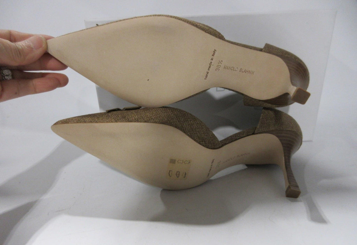 Manolo Blahnik olive satin pointed toe slingback heels, size 38.5, view 5