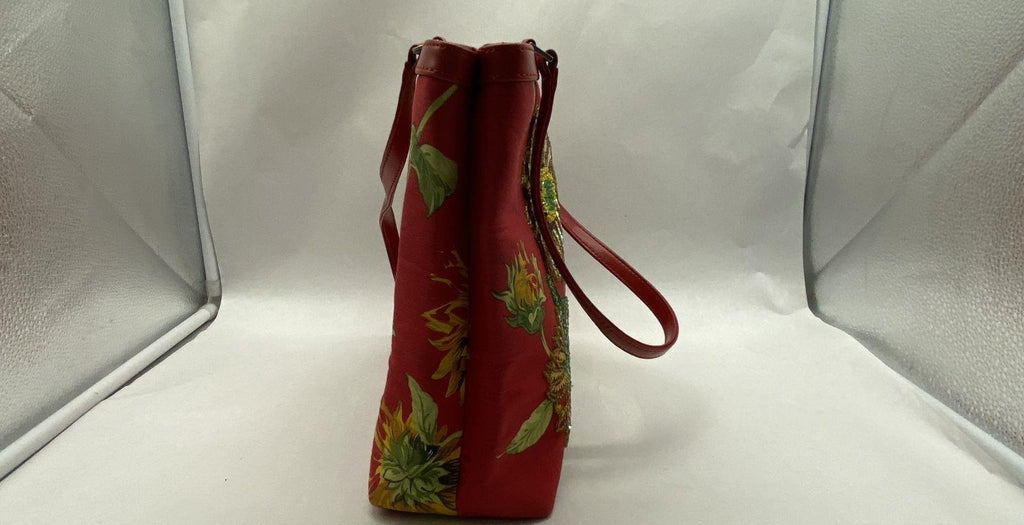 Red Sunflower Shopper Tote Bag, Floral Statement Shoulder Bag with Garden Print