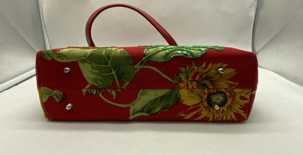 Red Sunflower Shopper Tote Bag, Floral Statement Shoulder Bag with Garden Print