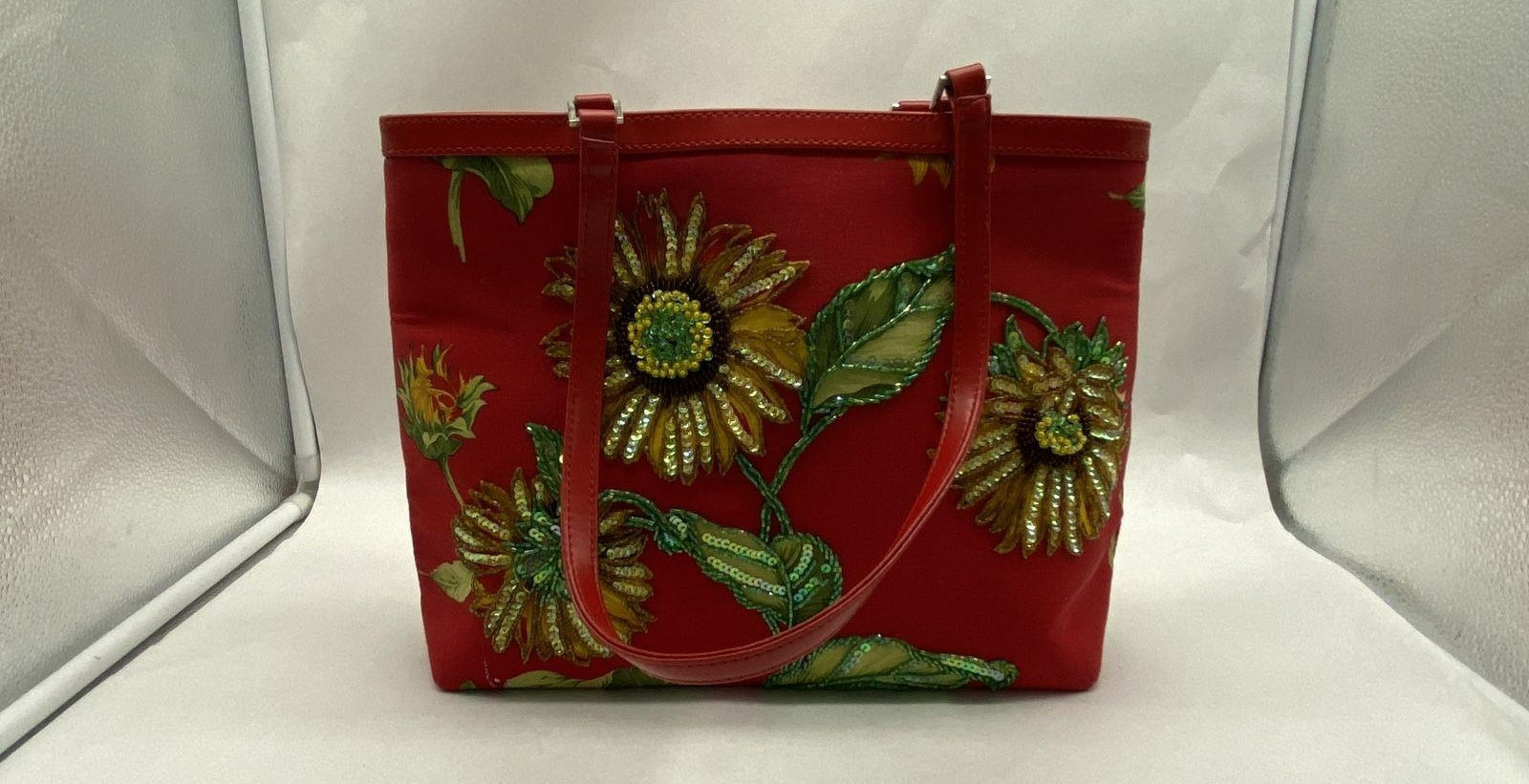 Red Sunflower Shopper Tote Bag, Floral Statement Shoulder Bag with Garden Print