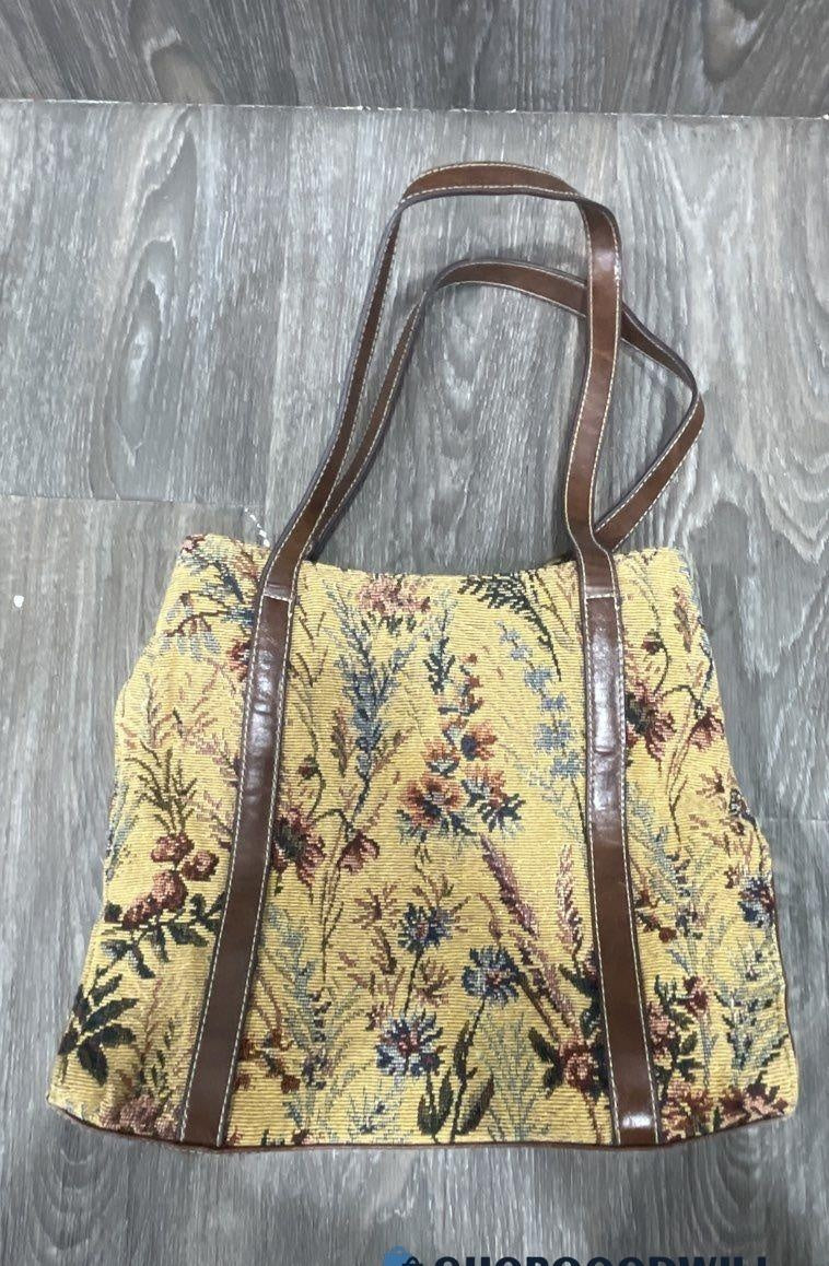 Floral tapestry-style tote with brown handles and trim, view 2