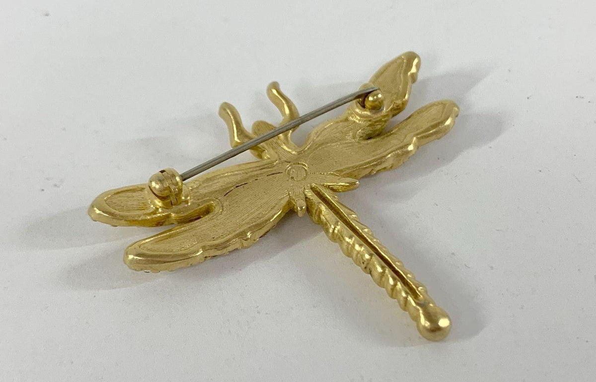 Gold-tone dragonfly brooch with clear crystals, several crystals missing from the wings, view 6