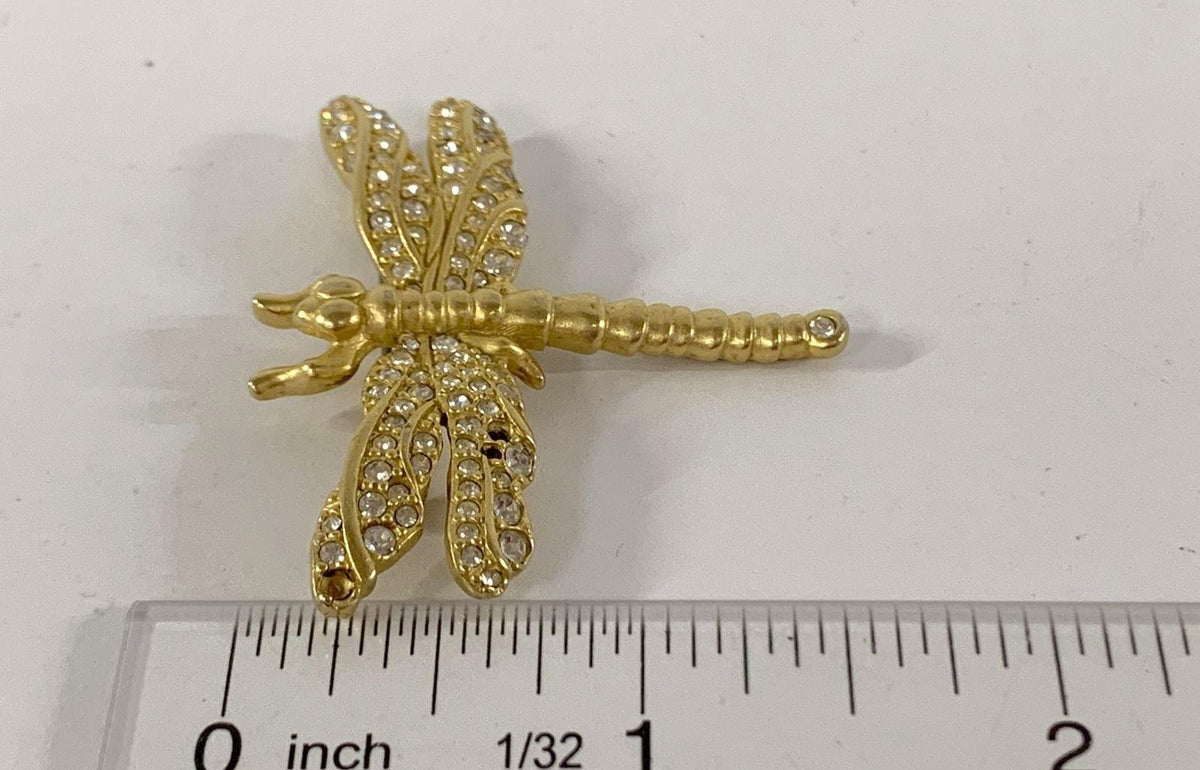 Gold-tone dragonfly brooch with clear crystals, several crystals missing from the wings, view 7