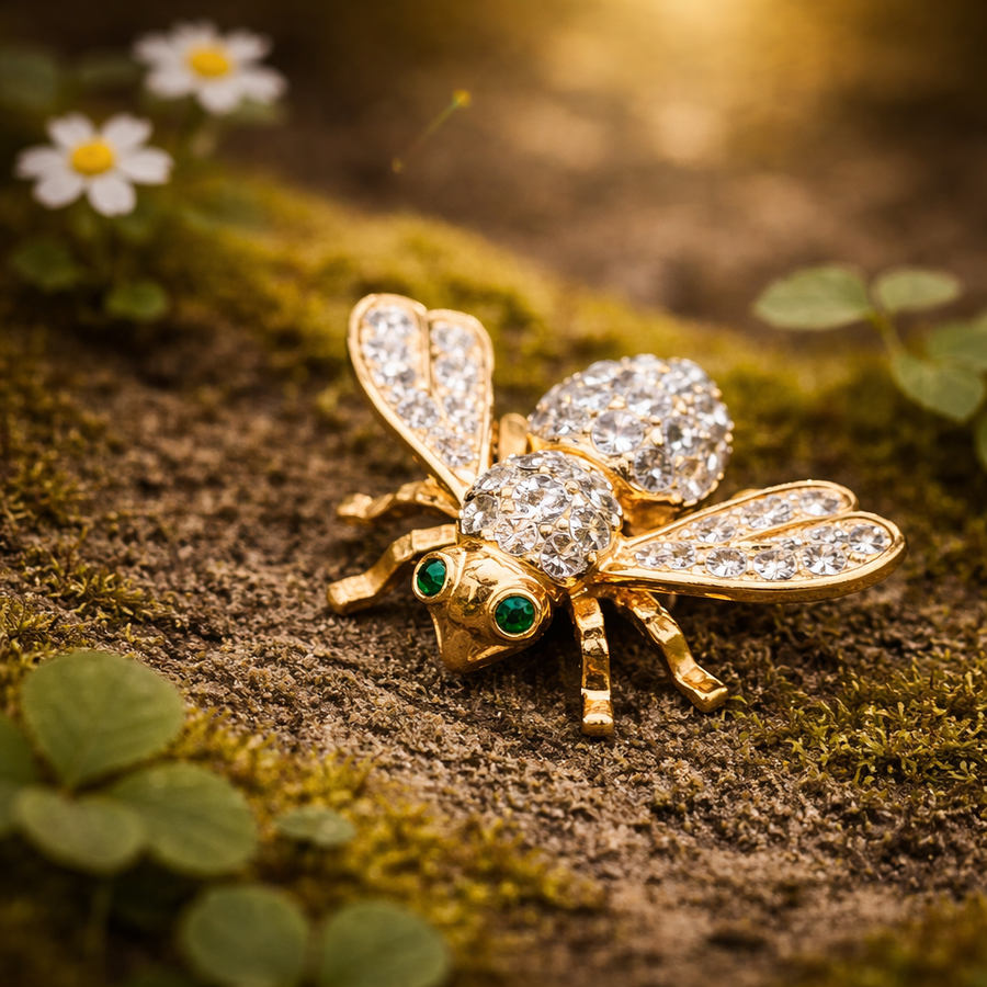 Signed Joan Rivers gold-tone bee brooch with clear pavé crystal wings and green eyes