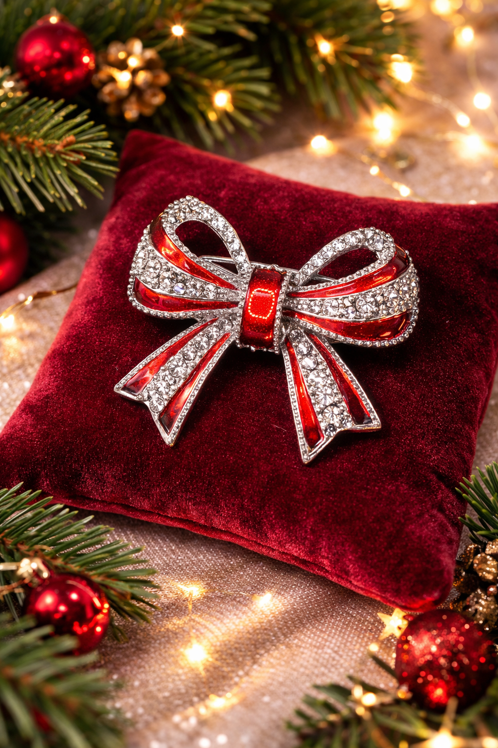 Vintage Kenneth Cole Christmas Bow Brooch Red Enamel Rhinestone Holiday Ribbon Pin