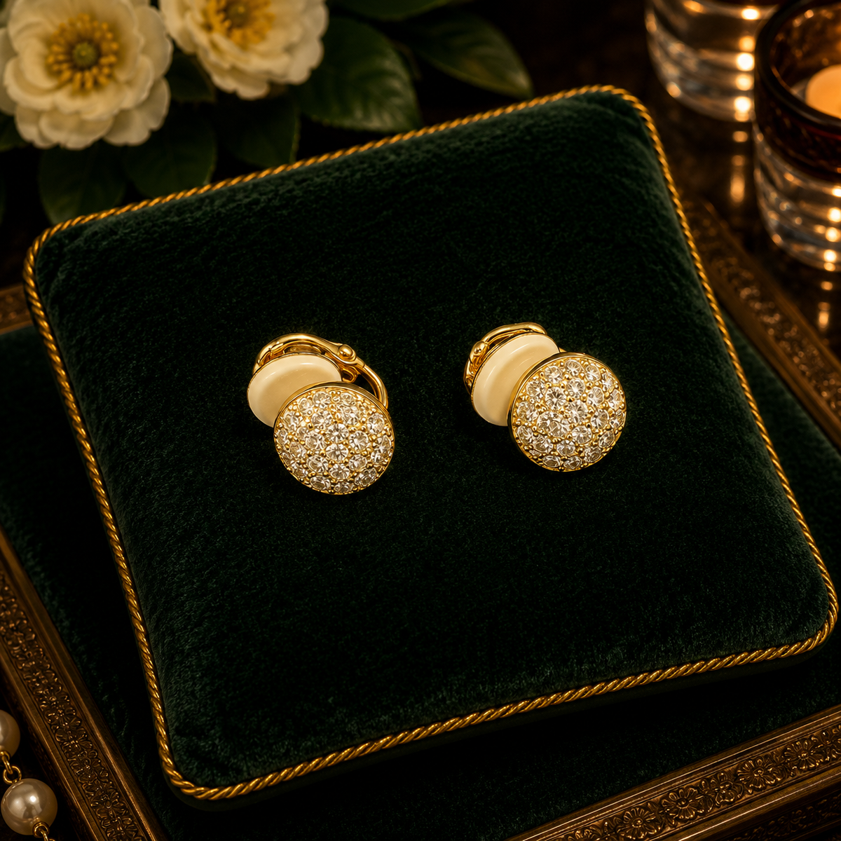 Signed Swarovski gold-tone dome button clip earrings with clear crystal accents