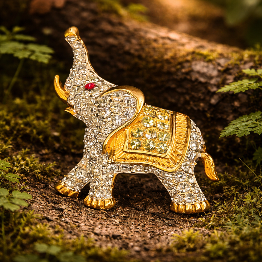 Signed Swarovski gold-tone elephant brooch with pavé clear crystals and red eye