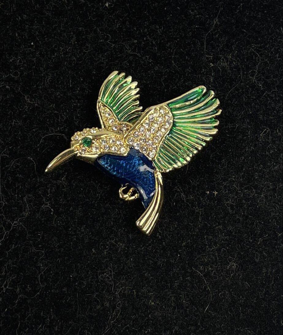 Vintage Gold Tone Hummingbird Brooch Pin with Green & Blue Enamel | Colorful Glass Gem Figural Bird Jewelry