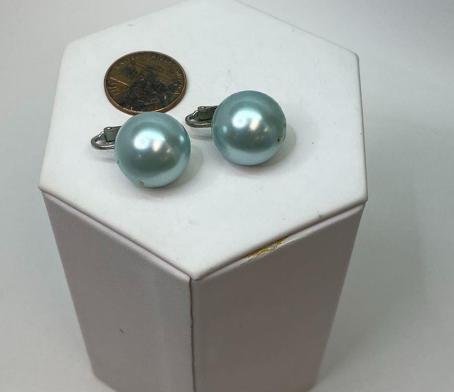 Marvella Light Blue Faux Pearl Clip-On Earrings Gold Tone | Vintage Designer Button Earrings 7.7g