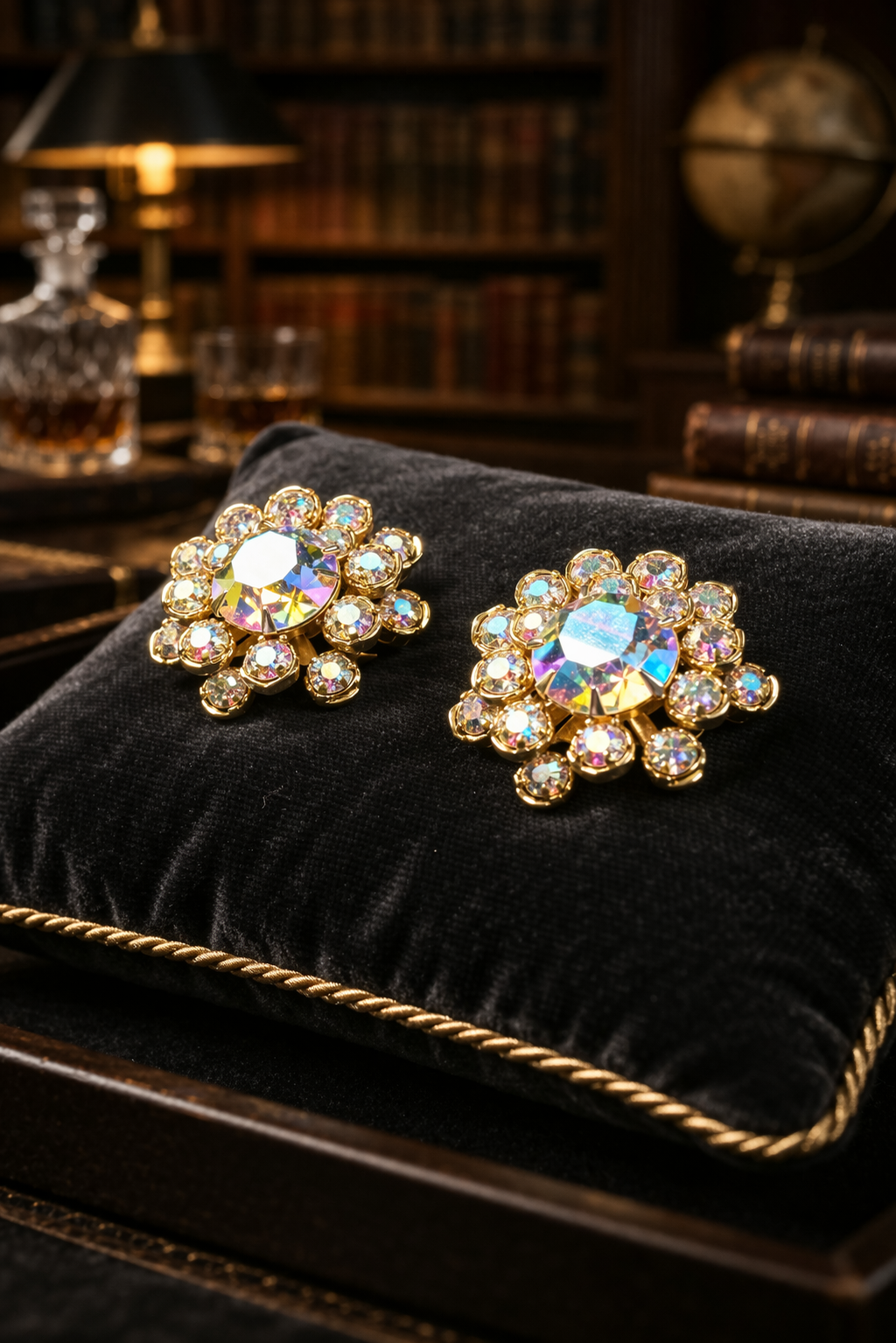 Gold-tone round cluster screw back earrings with large aurora borealis crystal center