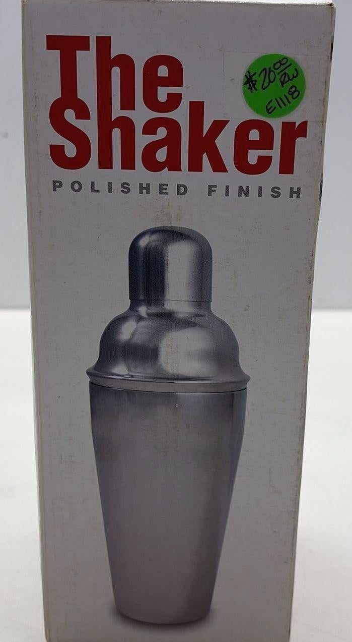Polished steel-finish three-piece cocktail shaker with jigger cap and original box, view 4