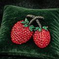 Vintage Pave Rhinestone Cherry Brooch, Red Crystal Strawberry Cherry Fruit Pin, Copper Tone Figural Estate Statement Jewelry