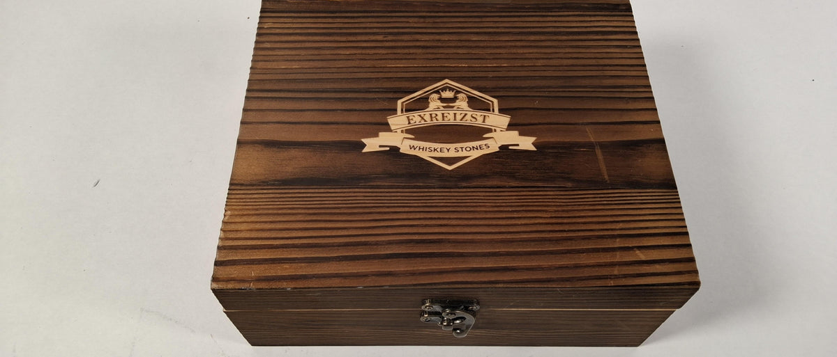 Whiskey stones bar kit with two glasses and accessories in fitted wood-look gift box, view 2