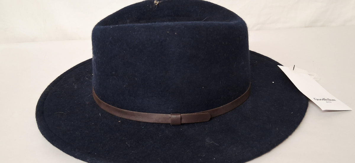 Goodfellow and Co navy wool fedora with brown hat band, view 2