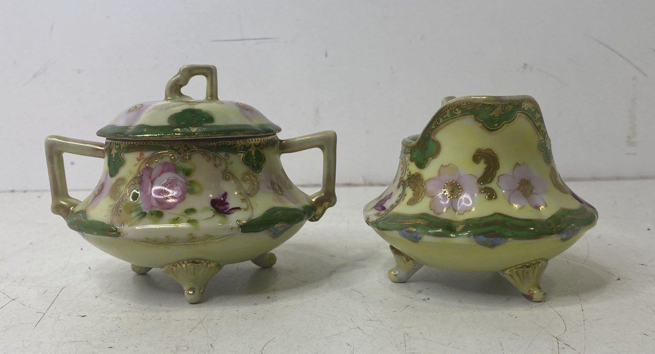 Hand-Painted Floral Footed Porcelain Sugar Bowl & Creamer Set | Vintage Pink Rose Tableware