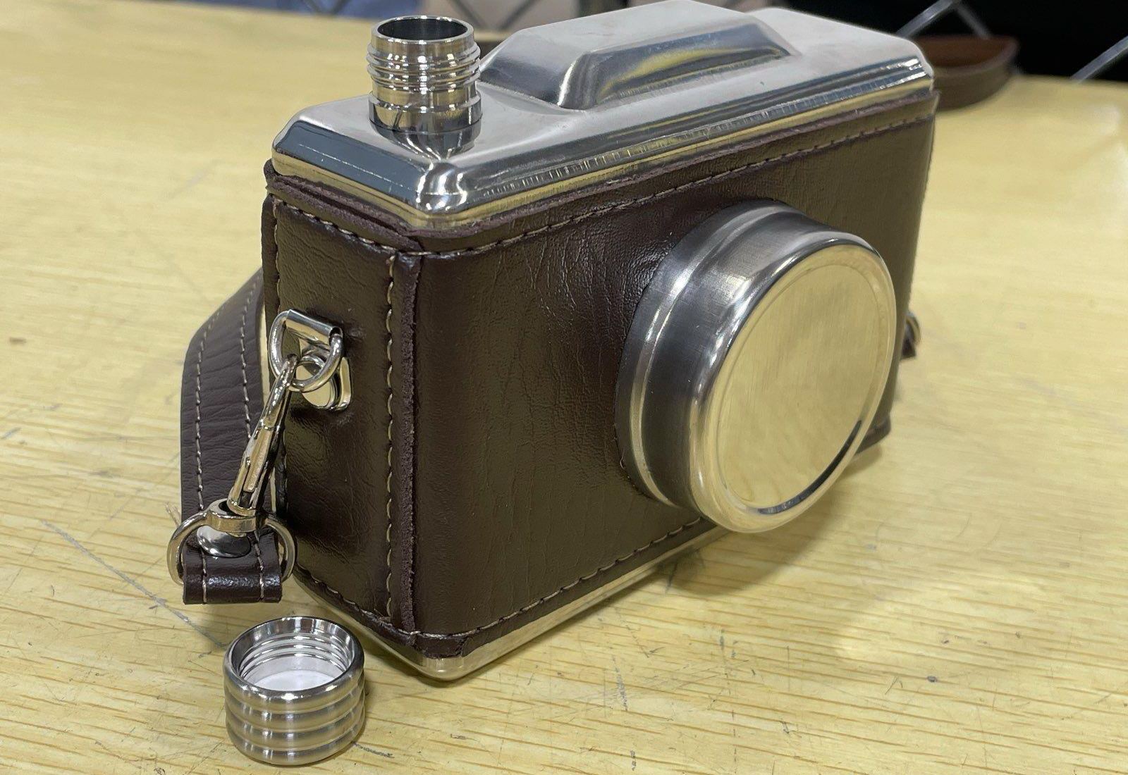 JME and Co Golfer’s Camera Hip Flask Set | Stainless Steel 11 oz Flask with Strap and Funnel