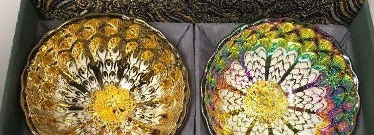 Peacock Gold Silver Multicolor Ceramic Cup Set of 2 in Box | 3.5" Decorative Trinket Bowls