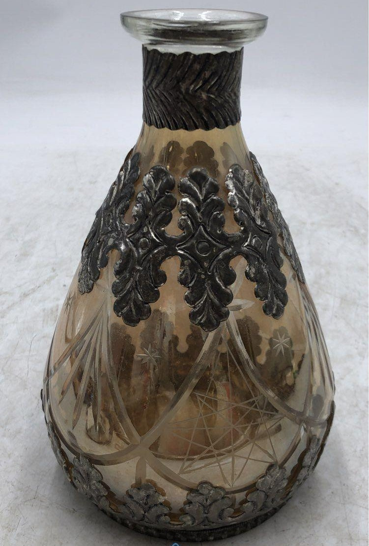 Vintage German Smoky Cut Glass Decanter with Silver Overlay | Heavy Decorative Bottle