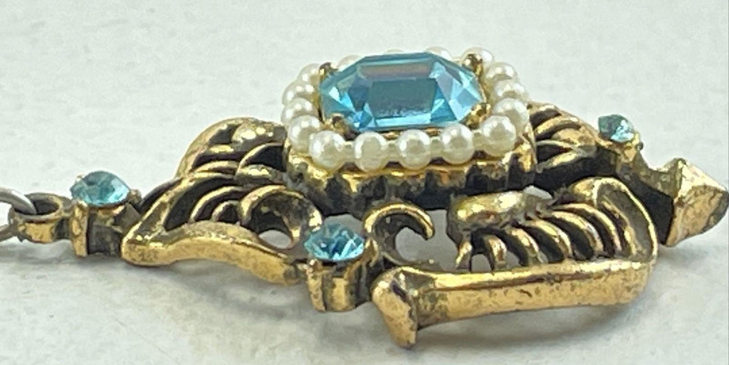 Vintage Gold Tone Faux Seed Pearl & Blue Rhinestone Pendant Necklace | 15" Ornate Floral Necklace