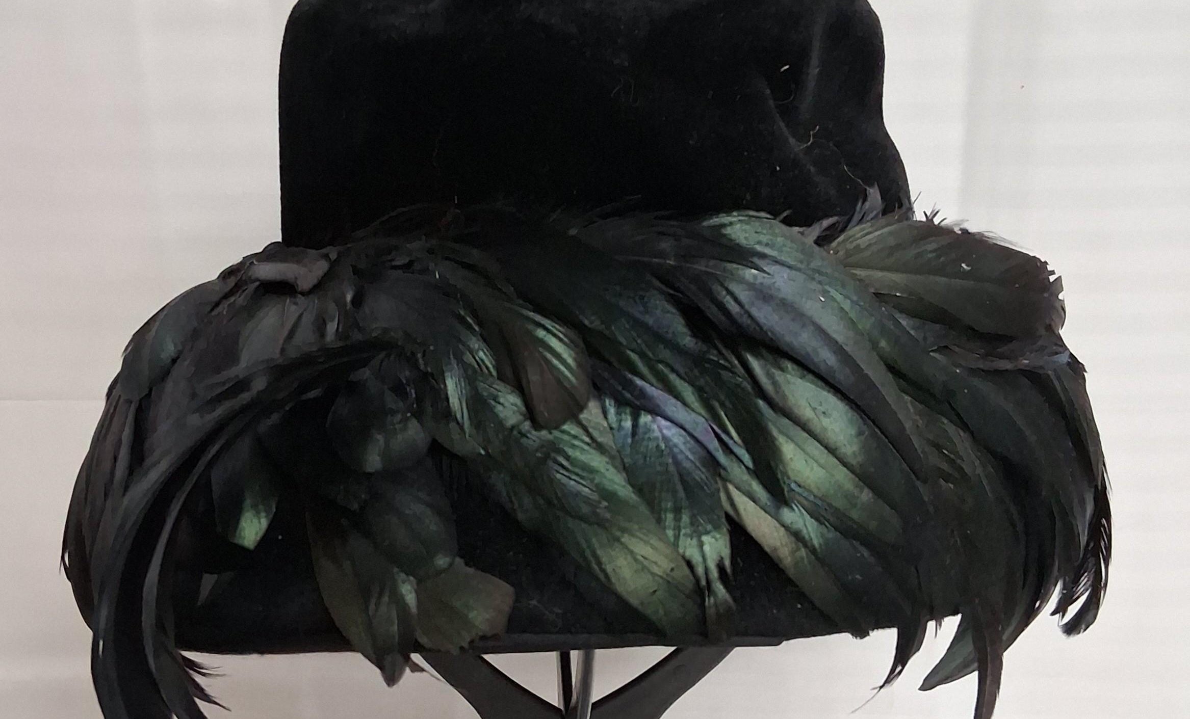 (SOLD) Vintage Jan Leslie Custom Design Black Velvet Hat with Feather Trim
