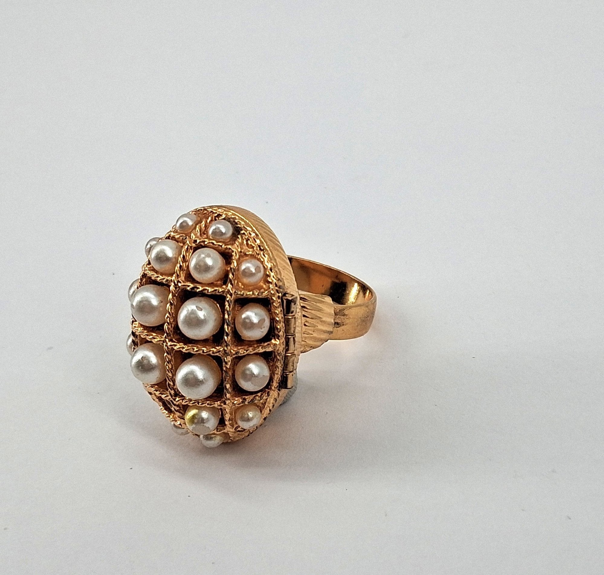 Vintage AVON Gold-Tone Locket Ring Faux Pearls Ornate Oval Design
