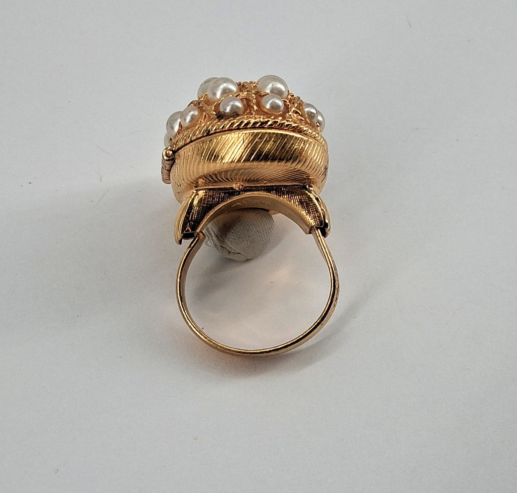 Vintage AVON Gold-Tone Locket Ring Faux Pearls Ornate Oval Design