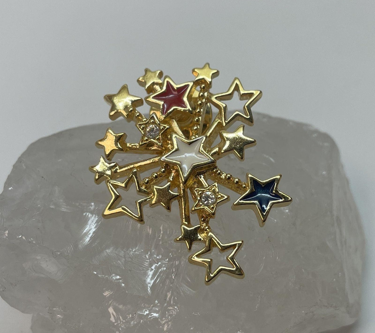 Gold-tone patriotic starburst brooch with red, white and blue enamel stars, view 3