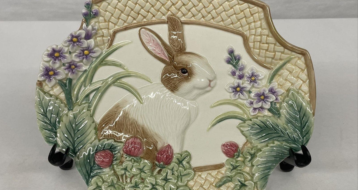Fitz and Floyd Essentials Botanical Bunny oval canape plate with raised rabbit, flowers and basket-style border, view 6