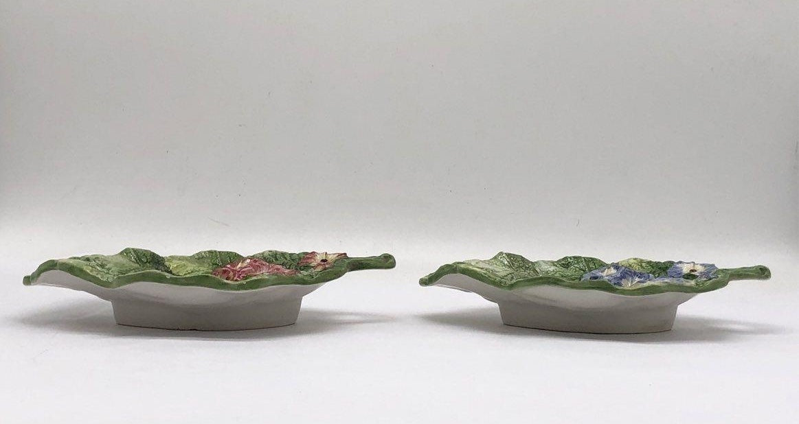 AGE REVIEW Fitz & Floyd Spring Floral Handled Bonbon Dishes Set of 2 Textured Majolica Style