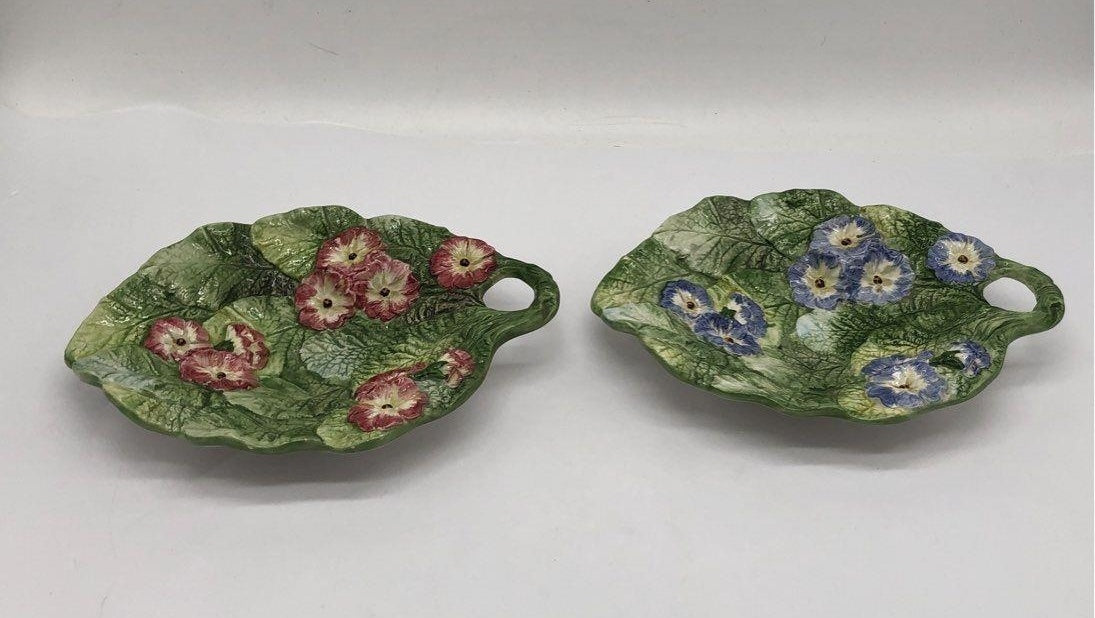 AGE REVIEW Fitz & Floyd Spring Floral Handled Bonbon Dishes Set of 2 Textured Majolica Style