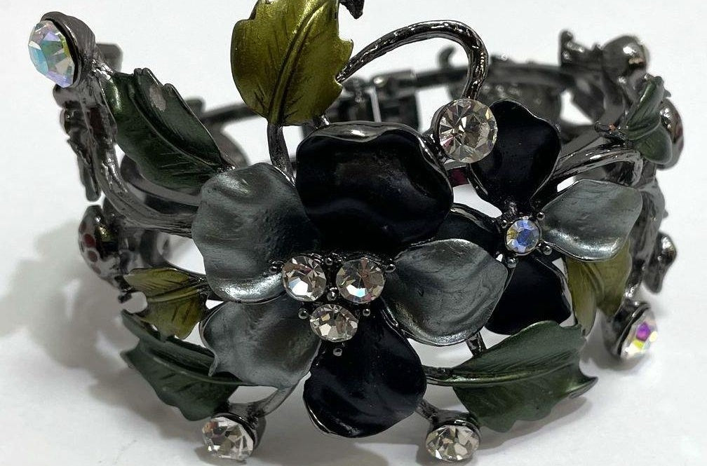 Silver-tone hinged bracelet with dark green, black and gray floral and leaf design and rhinestones, view 3
