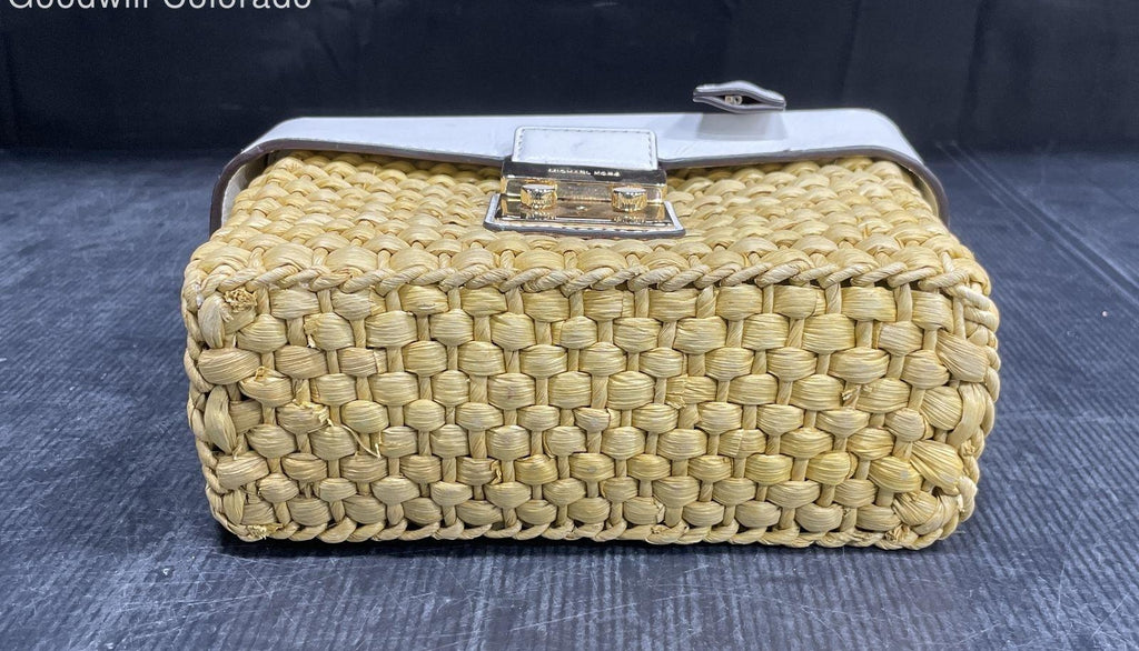 Michael Kors Gabriella Straw Satchel Bag, White Leather Trim Summer Top Handle Purse