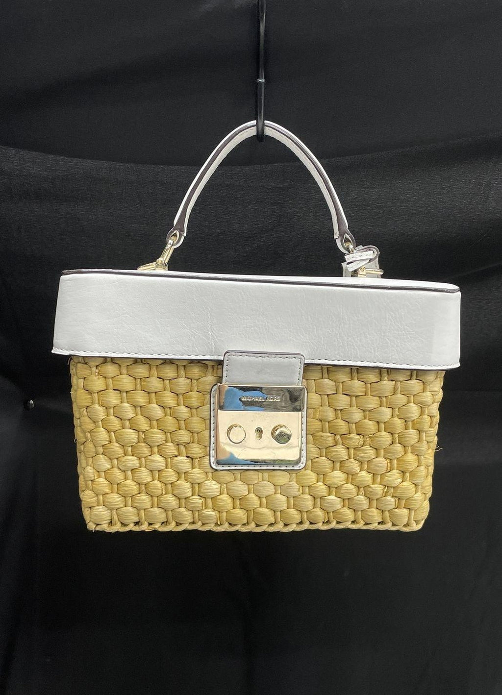 Michael Kors Gabriella Straw Satchel Bag, White Leather Trim Summer Top Handle Purse