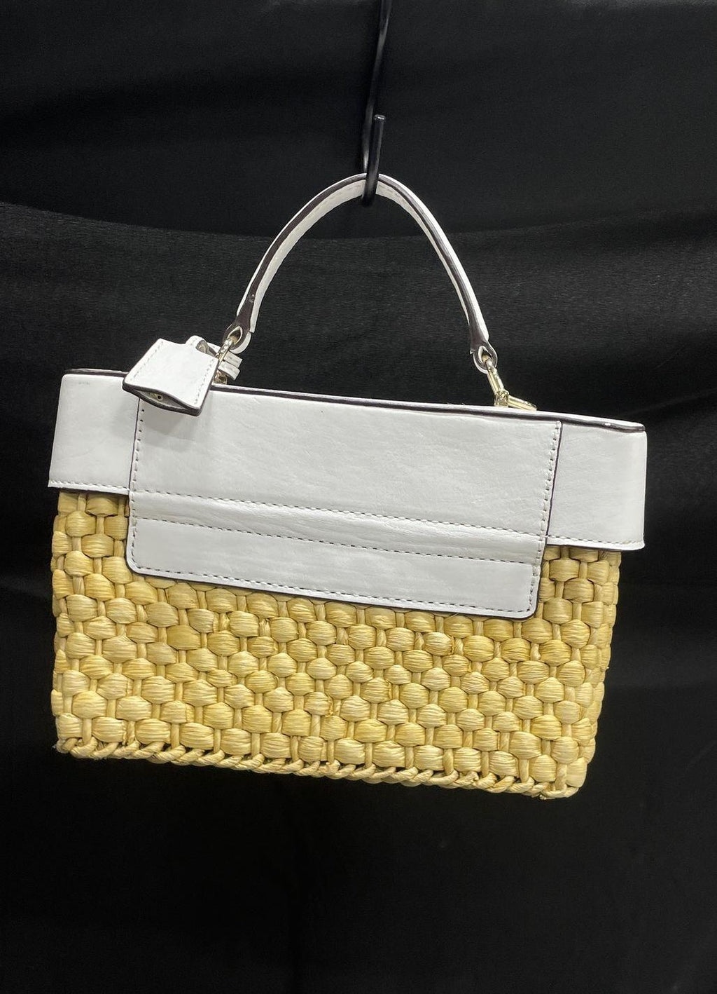Michael Kors Gabriella Straw Satchel Bag, White Leather Trim Summer Top Handle Purse