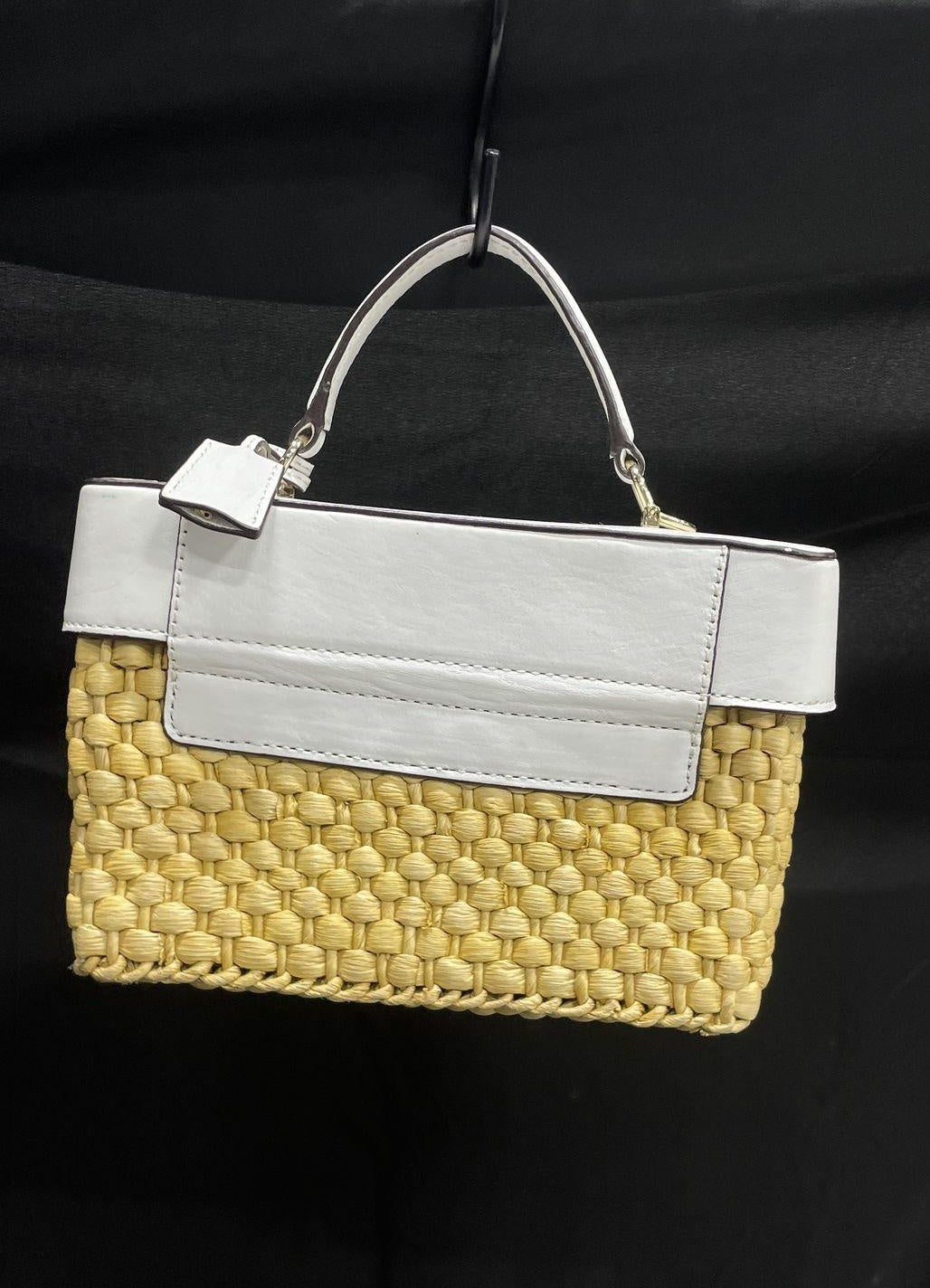 Michael Kors Gabriella Straw Satchel Bag, White Leather Trim Summer Top Handle Purse