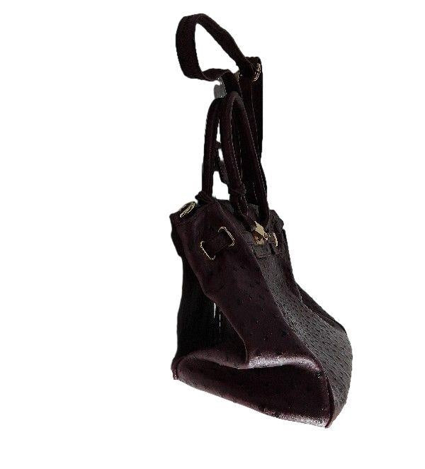 Plum ostrich embossed shoulder bag with dual handles and zip top, view 2