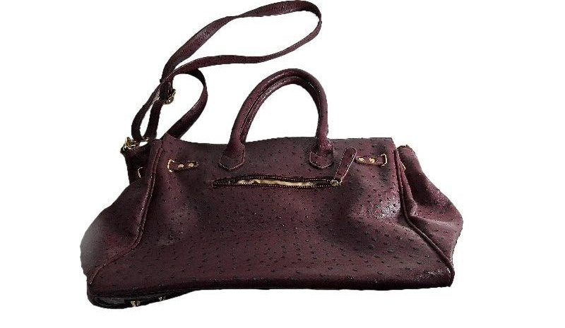 Plum ostrich embossed shoulder bag with dual handles and zip top, view 3