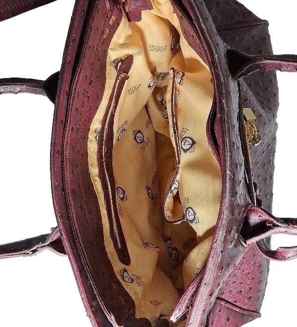 Mount Noble Plum Ostrich Embossed Shoulder Bag with Zipper Satchel Handbag