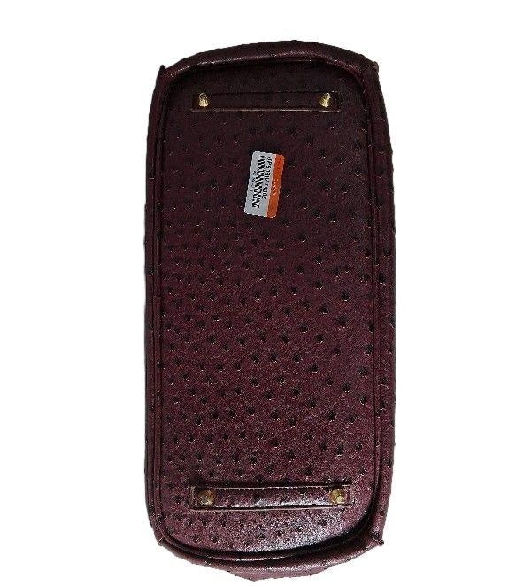 Plum ostrich embossed shoulder bag with dual handles and zip top, view 5