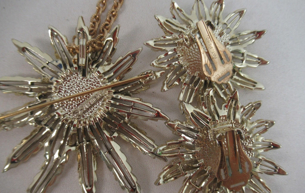 Sarah Coventry Sunburst Flower Brooch Pendant & Clip Earrings Set, Gold Tone Rhinestone Demi Parure