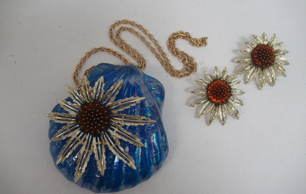 Sarah Coventry Sunburst Flower Brooch Pendant & Clip Earrings Set, Gold Tone Rhinestone Demi Parure