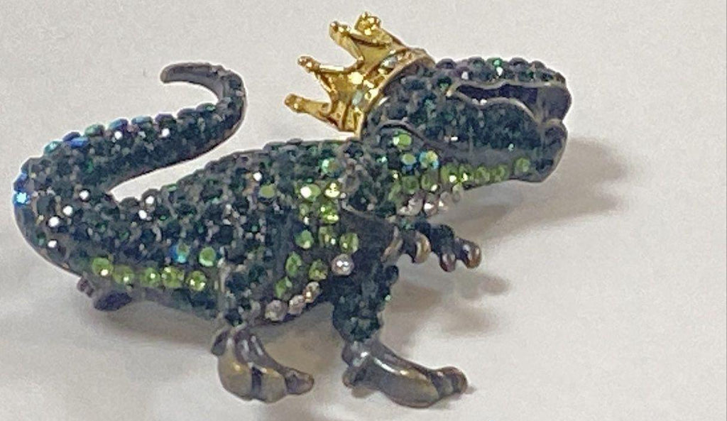 Green Rhinestone T-Rex Brooch Pin with Crown | Whimsical Dinosaur Statement Jewelry