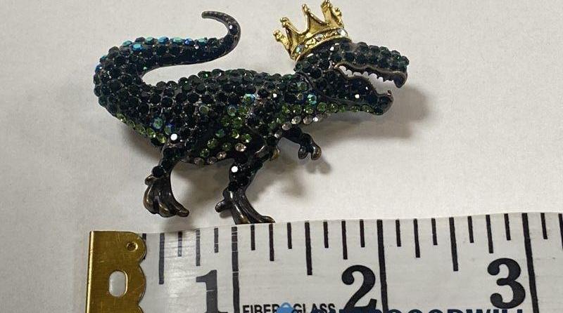 Green Rhinestone T-Rex Brooch Pin with Crown | Whimsical Dinosaur Statement Jewelry