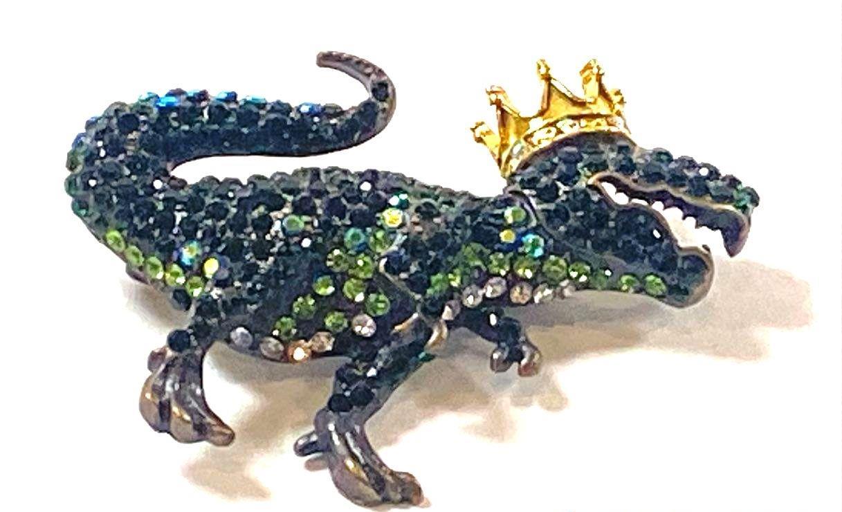 Green Rhinestone T-Rex Brooch Pin with Crown | Whimsical Dinosaur Statement Jewelry