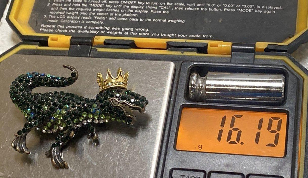 Green Rhinestone T-Rex Brooch Pin with Crown | Whimsical Dinosaur Statement Jewelry