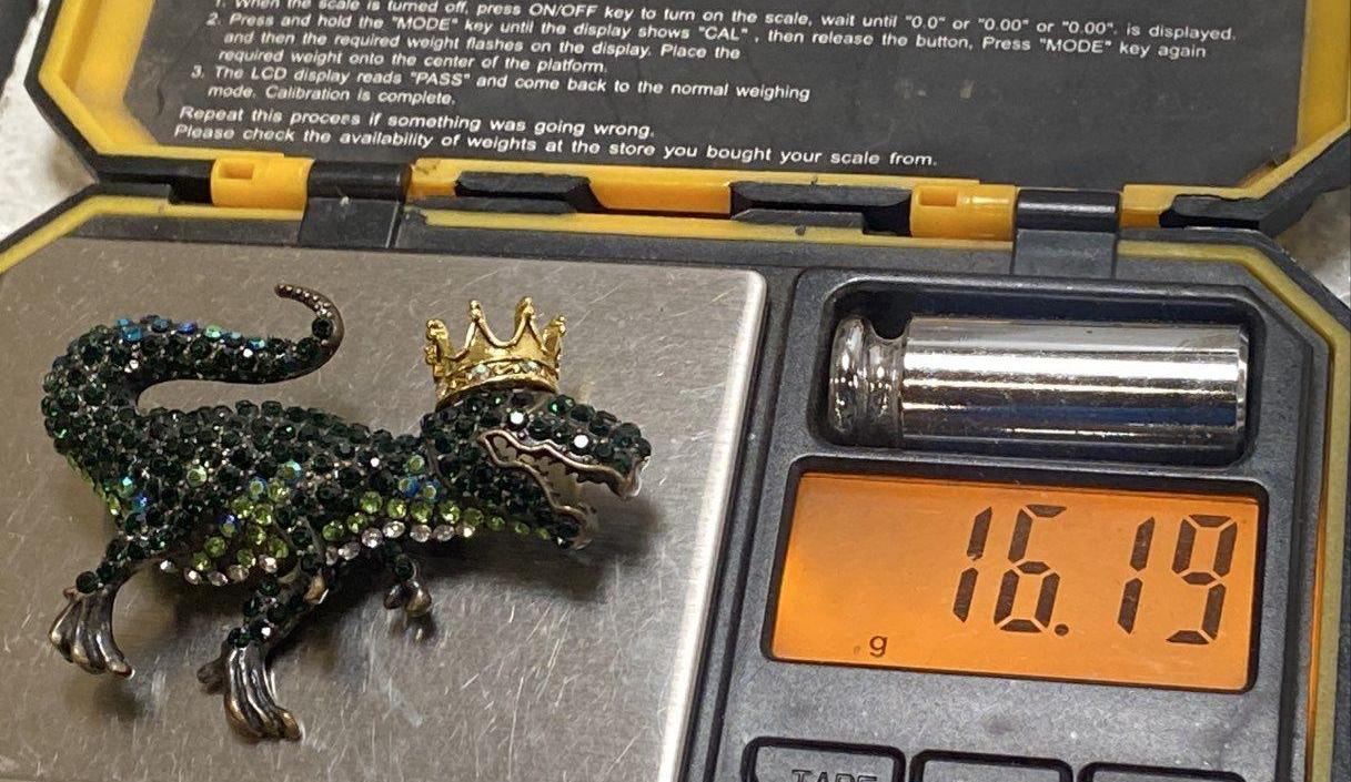 Green Rhinestone T-Rex Brooch Pin with Crown | Whimsical Dinosaur Statement Jewelry