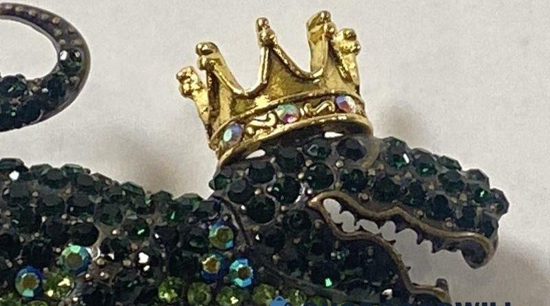 Green Rhinestone T-Rex Brooch Pin with Crown | Whimsical Dinosaur Statement Jewelry